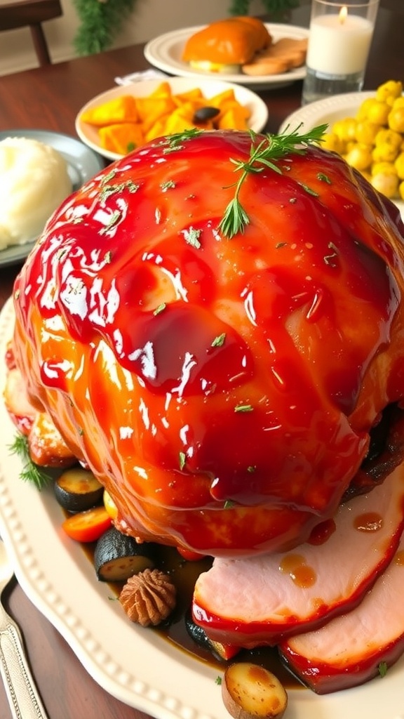 A glazed baked ham on a platter with herbs, surrounded by festive side dishes on a dining table.